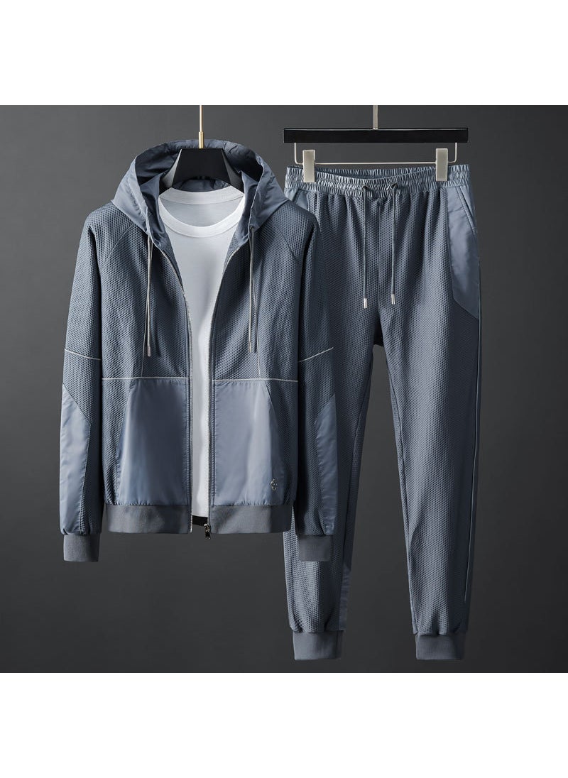 2024 Mens Casual Sports Suit Hooded Elastic Fashion Set Blue