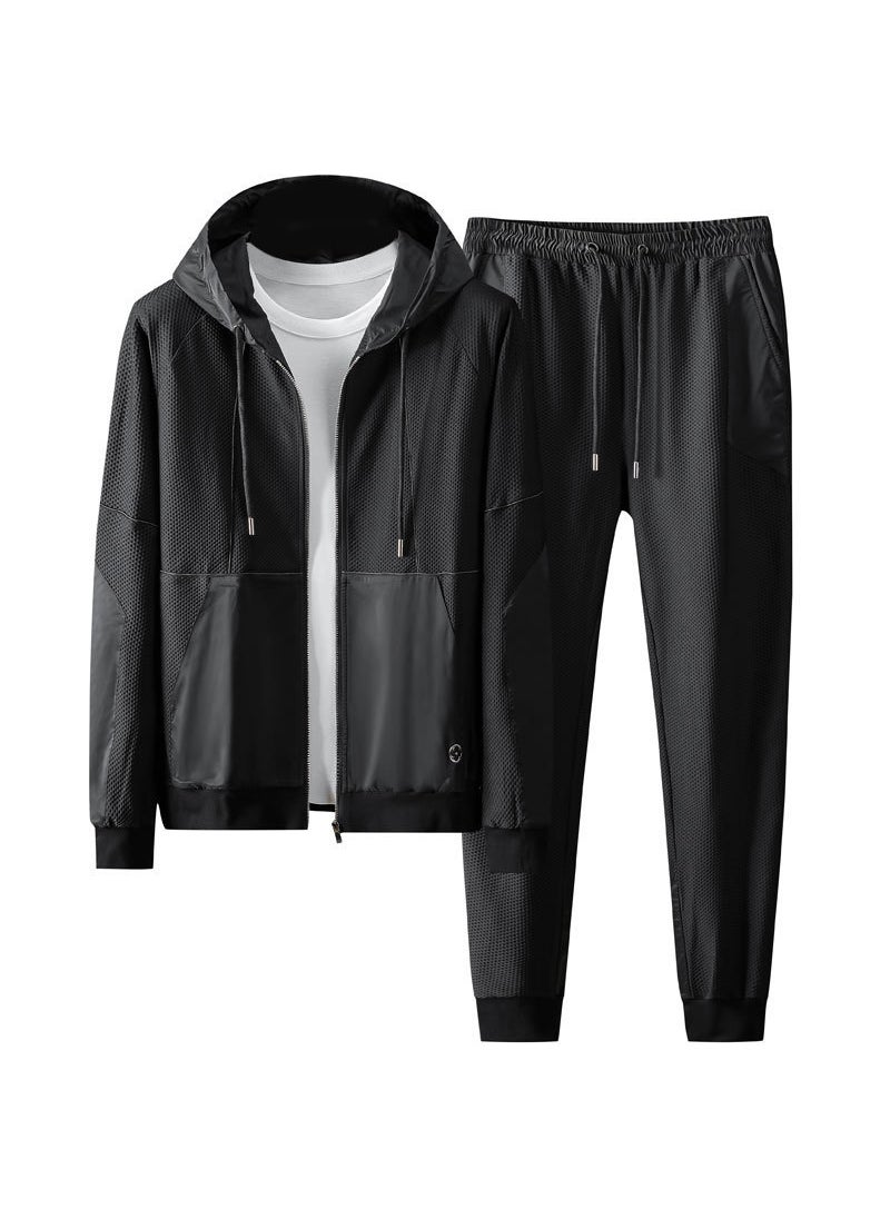 2024 Mens Casual Sports Suit Hooded Elastic Fashion Set Black