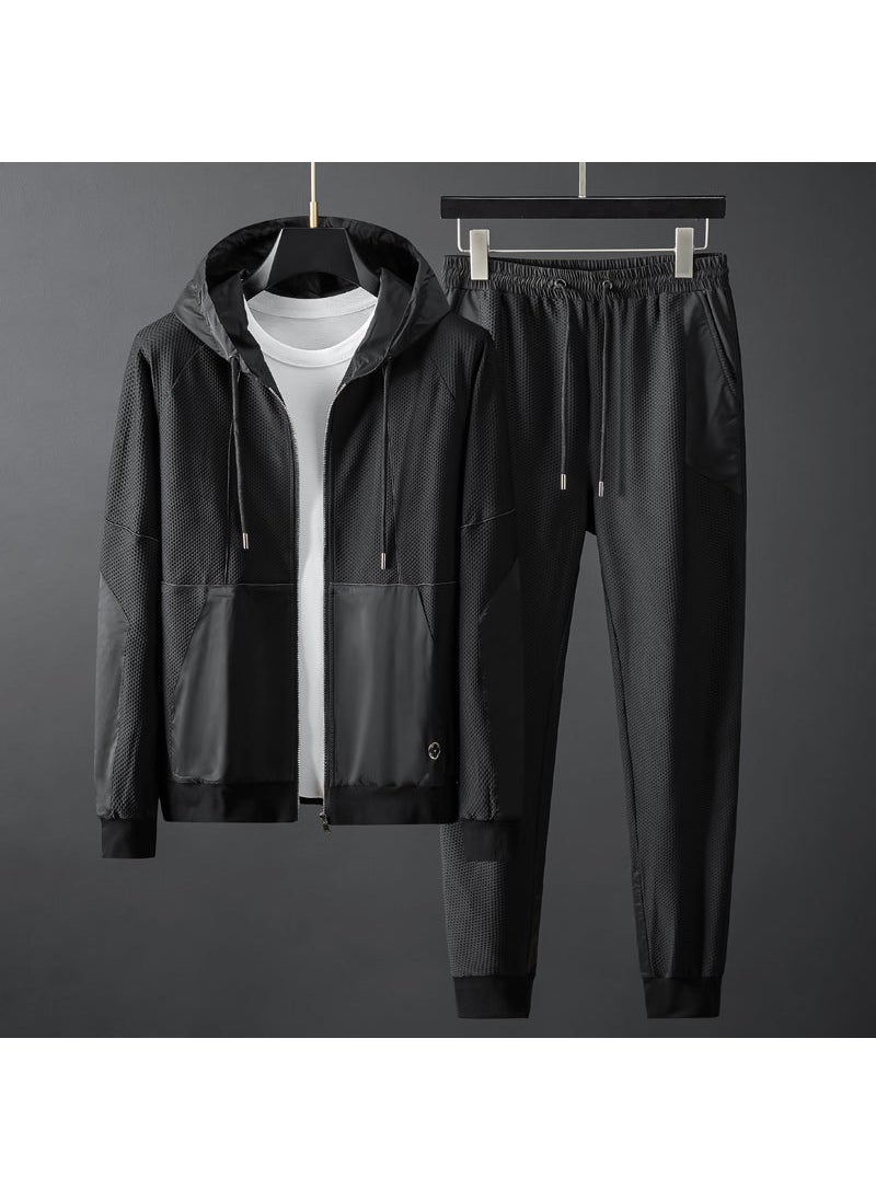 2024 Mens Casual Sports Suit Hooded Elastic Fashion Set Black
