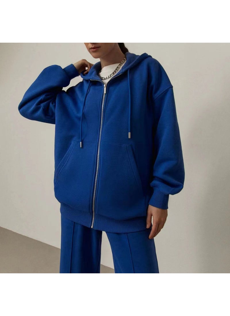 2024 Casual Cotton Hoodie  Sweatpants Set for Women Blue sweatpants