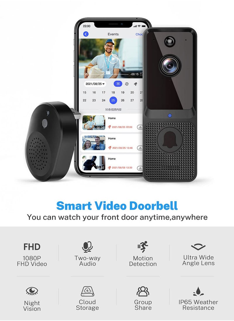 Doorbell Camera Wireless, Smart WiFi Video Doorbell, Included Chime Ringer, Indoor/Outdoor Surveillance with Human Detection, 2-Way Audio, Night Vision, Cloud Storage, Battery Powered, Live View