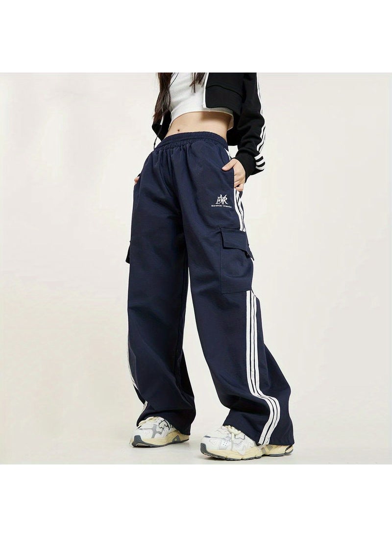 Unisex Retro Stripe Sports Sweatpants Loose Fit Navy blue