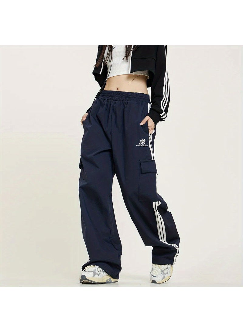 Unisex Retro Stripe Sports Sweatpants Loose Fit Navy blue