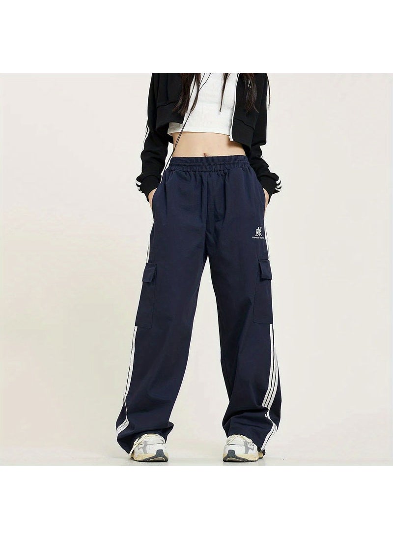 Unisex Retro Stripe Sports Sweatpants Loose Fit Navy blue