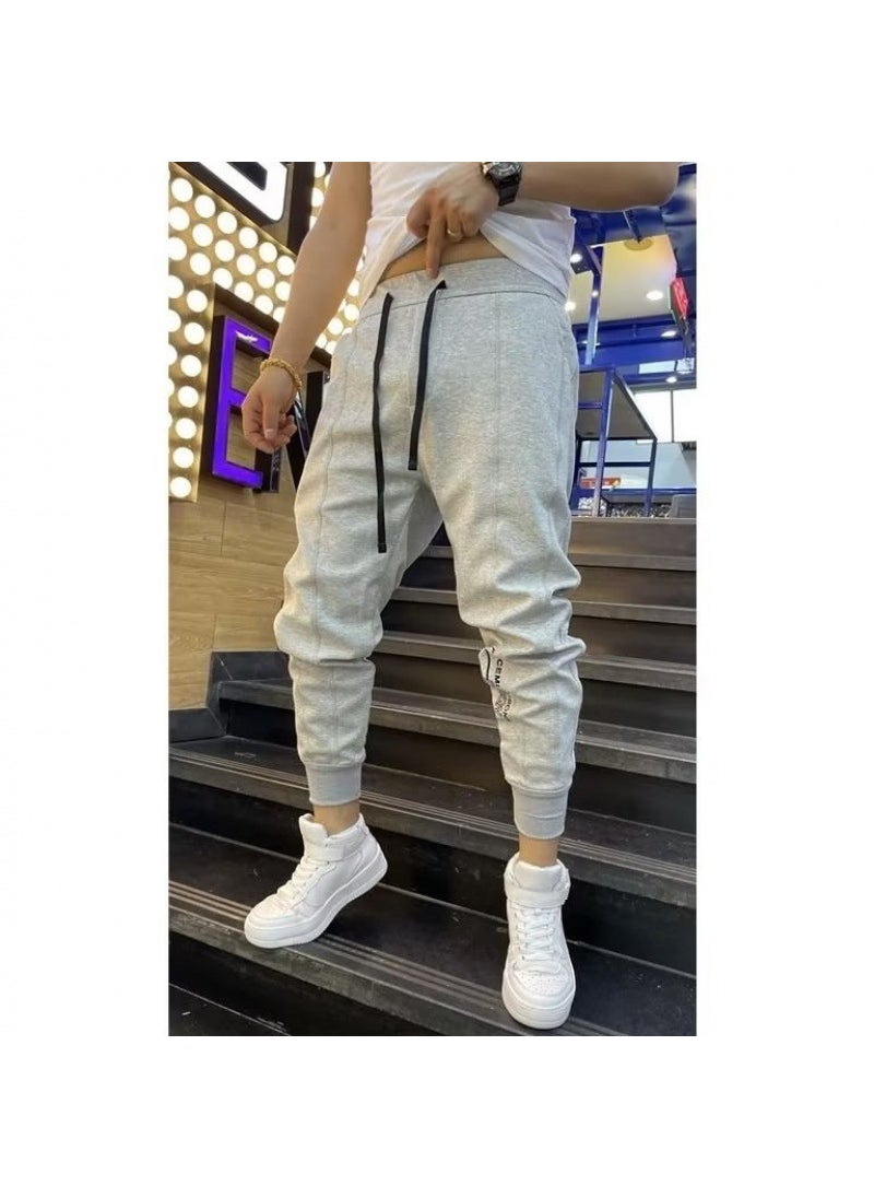 Mens Black Slim Fit Joggers Nine Points Drawstring Light gray