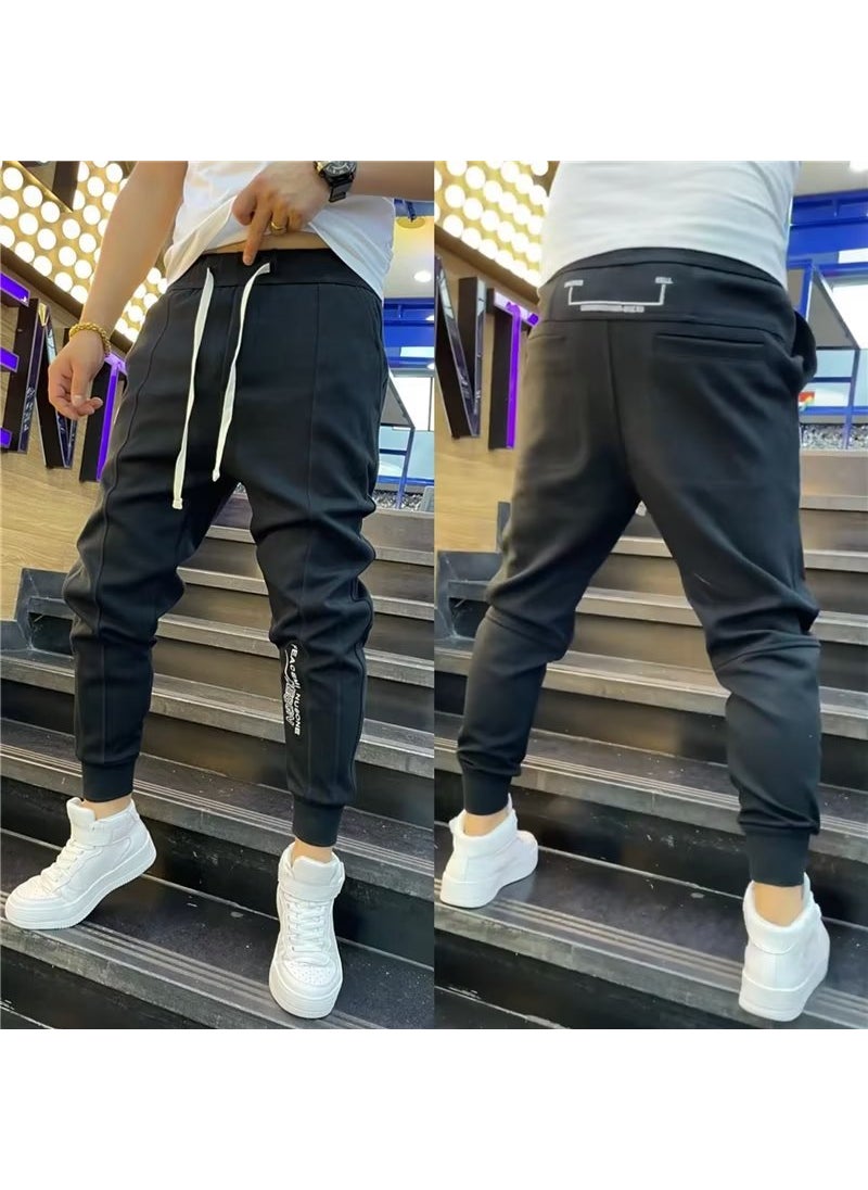 Mens Black Slim Fit Joggers Nine Points Drawstring Light gray