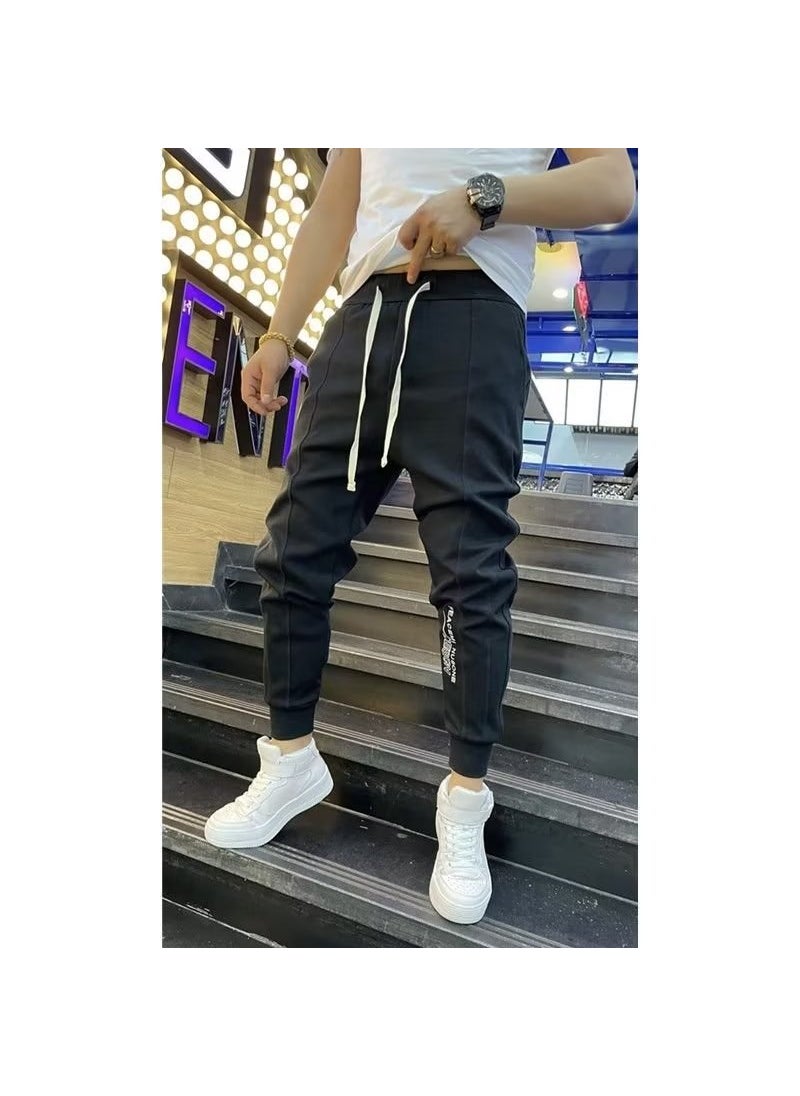 Mens Black Slim Fit Joggers Nine Points Drawstring Black