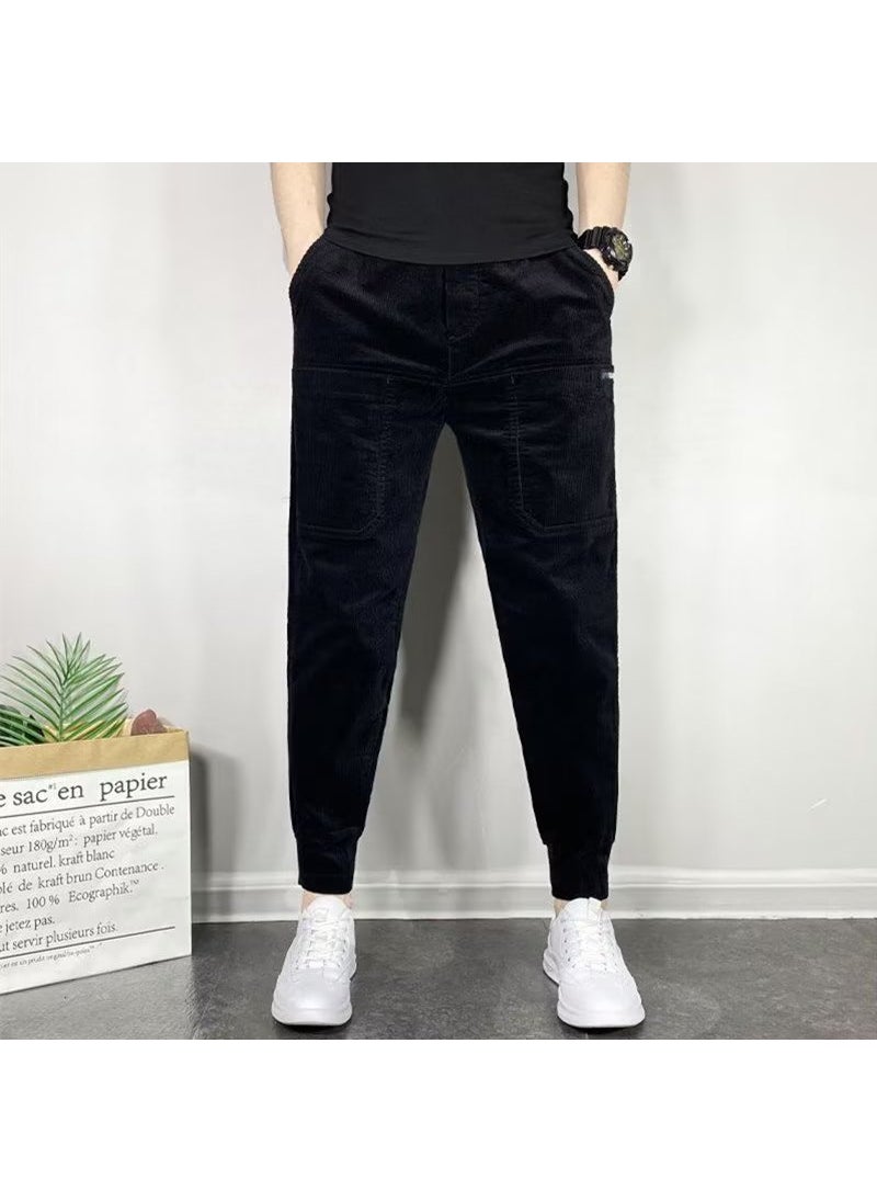 2023 Casual Mens Slim Corduroy Joggers Solid Trendy Black