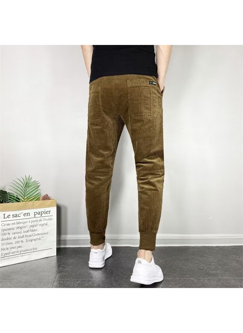 2023 Casual Mens Slim Corduroy Joggers Solid Trendy Coffee