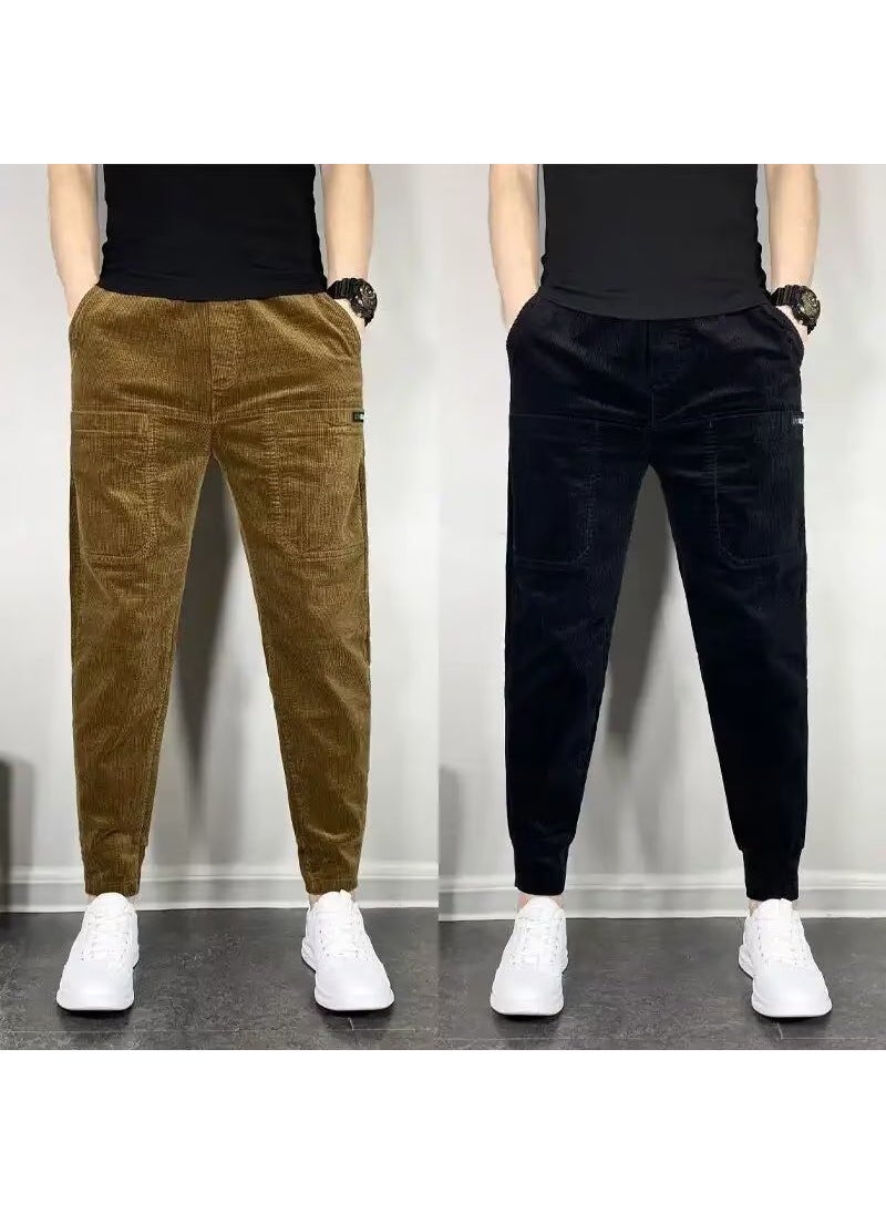 2023 Casual Mens Slim Corduroy Joggers Solid Trendy Coffee