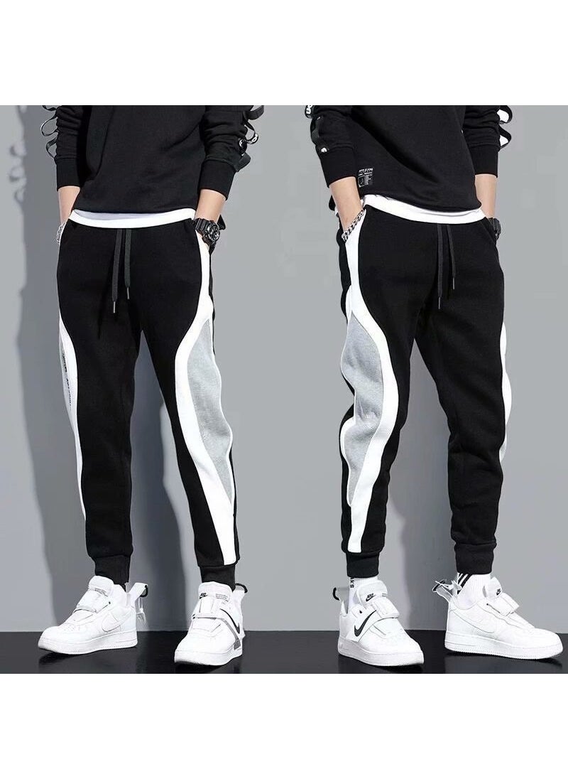 Mens Striped Patchwork Joggers Spring Summer Casual Black.