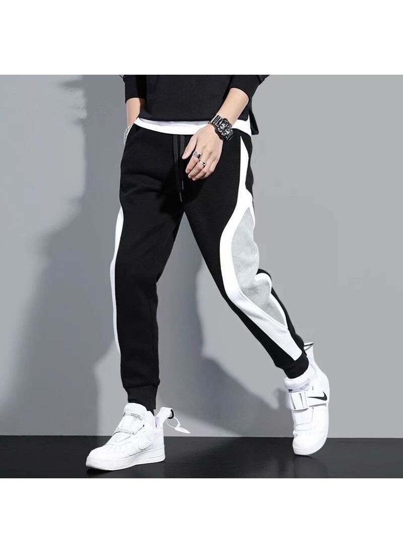 Mens Striped Patchwork Joggers Spring Summer Casual Black.