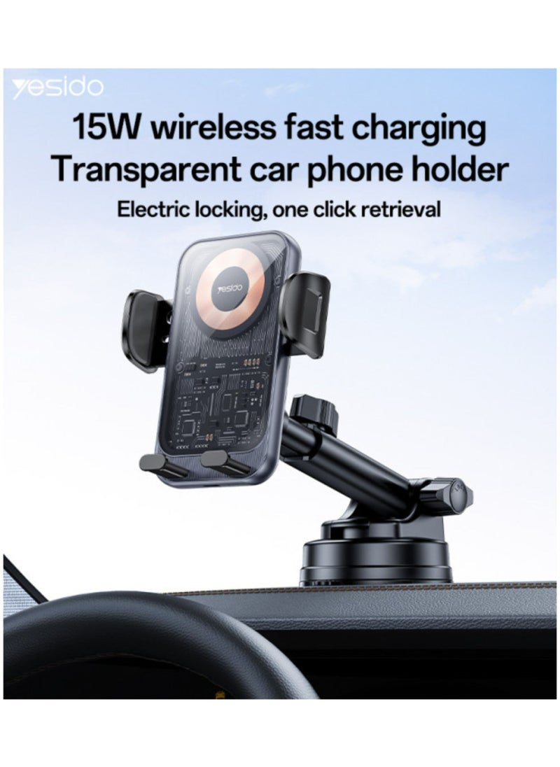 C307 360 Rotation Electric Locking 15W Wireless Fast Charging Transparent Car Phone Holder