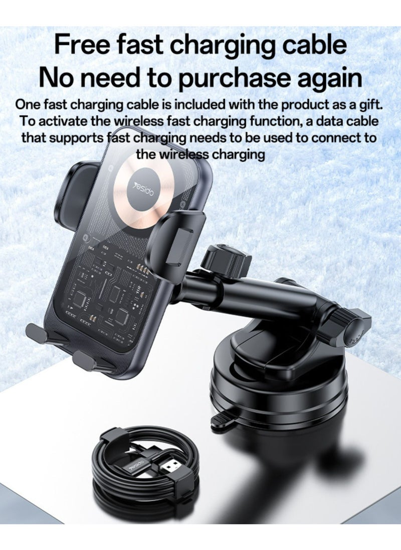 C307 360 Rotation Electric Locking 15W Wireless Fast Charging Transparent Car Phone Holder