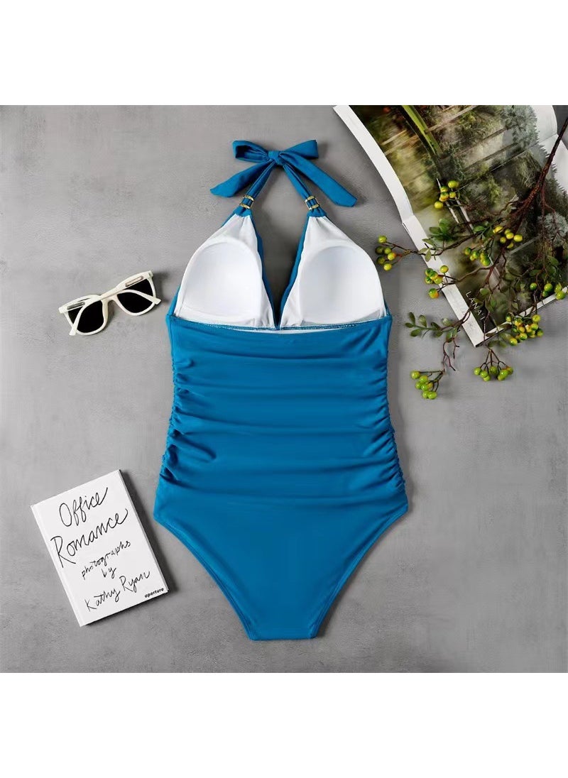 2024 Fashion One-Piece Swimsuit Conservative WomenBlue Blue