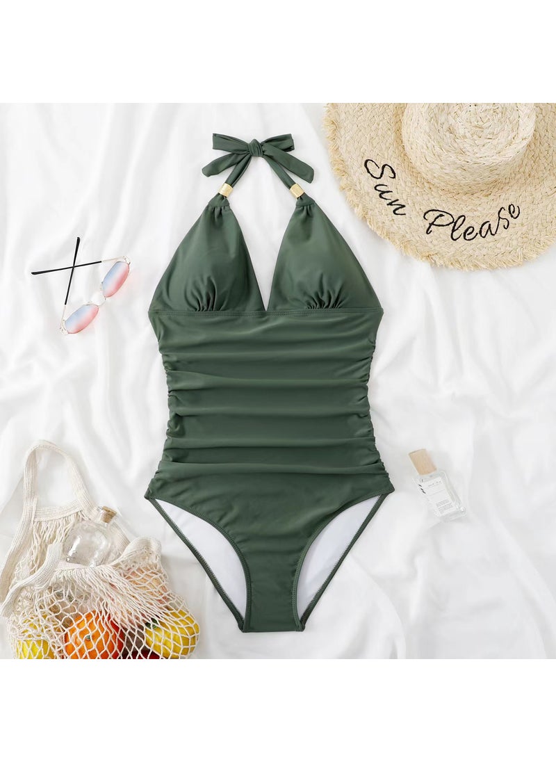 2024 Fashion One-Piece Swimsuit Conservative WomenGreen Green