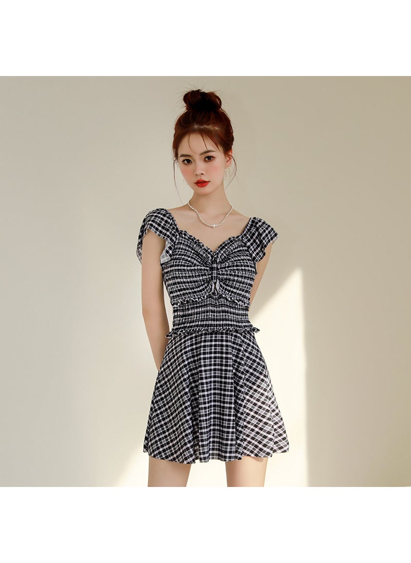 2024 New Womens Slimming Swimdress30068 black plaid 30068 black plaid