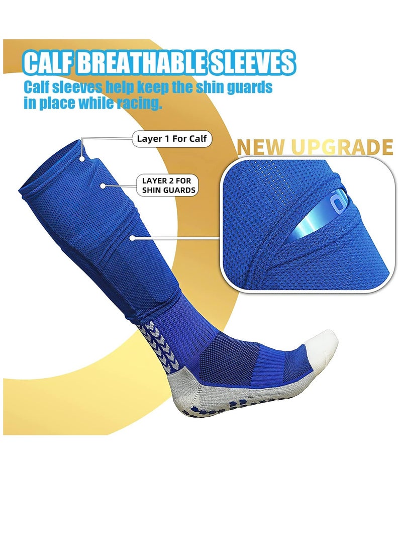 Rness Football Shin Guards Set of Soccer Shin Pads and Sleeves Lightweight Breathable Blue M Size