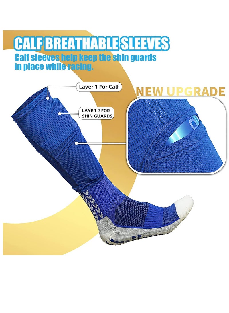 Rness Football Shin Guards Set of Soccer Shin Pads and Sleeves Lightweight Breathable Blue L Size