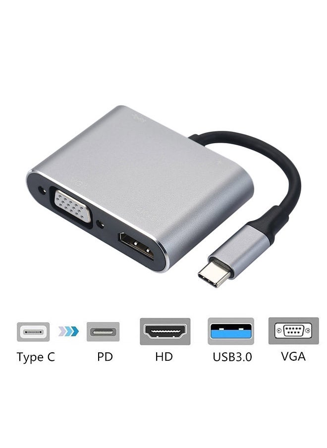 4-IN-1 Hub Type-C to HD VGA Adapter, USB Type-C Multiport Converter Splitter, with 4K HD Output, USB3.0 PD Charging Port, Compatible with Macbook Pro 2020 Chromebook Surface Go