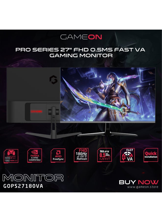 GOPS27180VA 27 inches, FHD (1920x1080) 180Hz, 0.5 ms, HDR, HDMI 2.0 Gaming Monitor - Adaptive Sync And G-Sync Compatible Fast VA Sleek Design Black