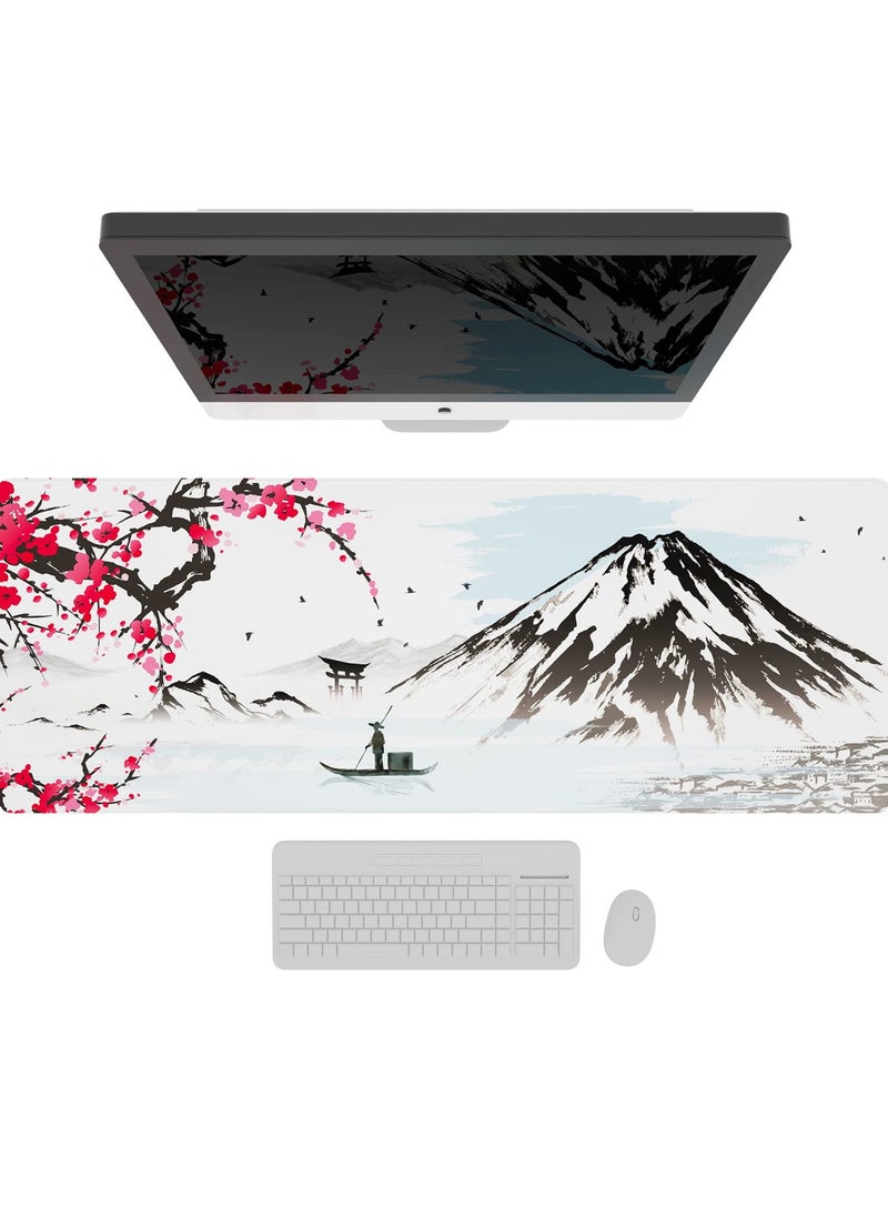 Japanese Mountains with Cherry Blossom Extended Gaming Computer Mouse Pad, Cute Anime Mouse Pad for Desk, Kawaii Desk Mat for Keyboard and Mouse, Black and White, 31.5 x 11.8 x 0.12 inches