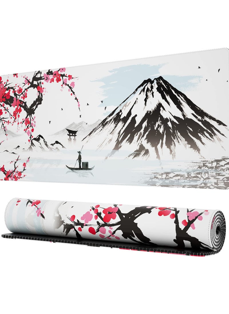 Japanese Mountains with Cherry Blossom Extended Gaming Computer Mouse Pad, Cute Anime Mouse Pad for Desk, Kawaii Desk Mat for Keyboard and Mouse, Black and White, 31.5 x 11.8 x 0.12 inches