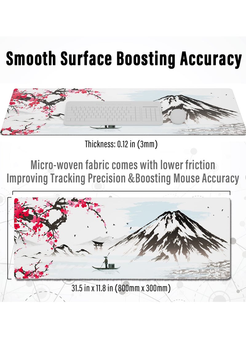 Japanese Mountains with Cherry Blossom Extended Gaming Computer Mouse Pad, Cute Anime Mouse Pad for Desk, Kawaii Desk Mat for Keyboard and Mouse, Black and White, 31.5 x 11.8 x 0.12 inches