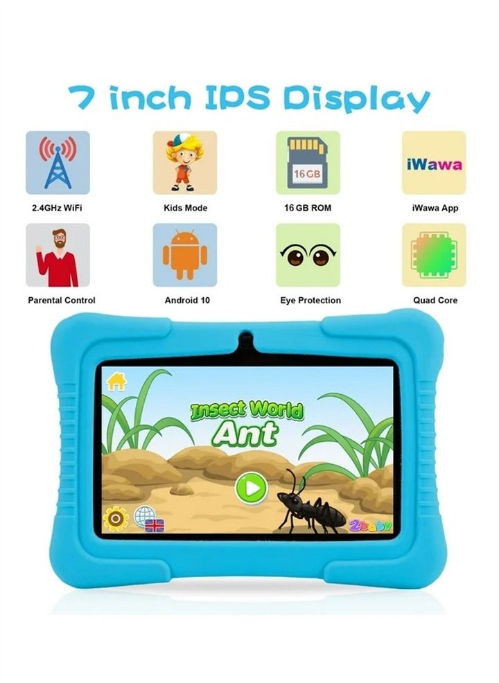 7 Inch Kids Android Tablet, 1GB Ram 16GB Storage, Toddler Tablet with IPS Screen, Parental Control, Bluetooth, WiFi, Child Proof Case with Stand, Learning