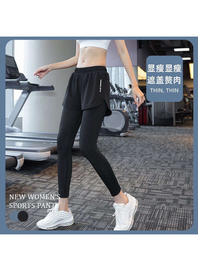 Spring and Autumn Fake Two-piece Sports Pants Anti-light Quick-drying Pants High Waist Tight Yoga Pants Fitness Multi-pocket Running PantsBlack fake two pieces Black fake two pieces