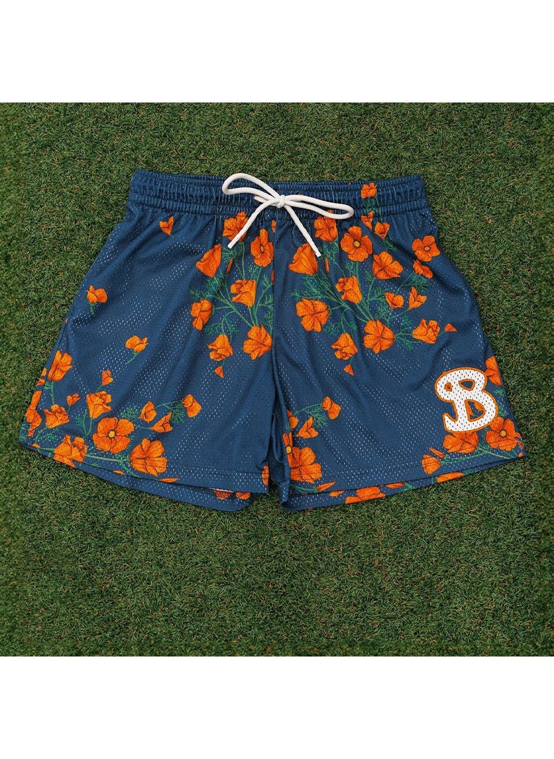 Mens BKTSQD Color Block Athletic ShortsNavy blue flowers Navy blue flowers