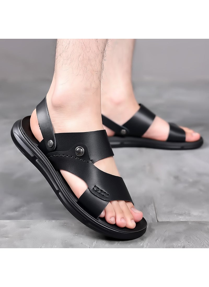 2024 Mens Summer Sandals Leather Casual Slip-ResistantBlack Black