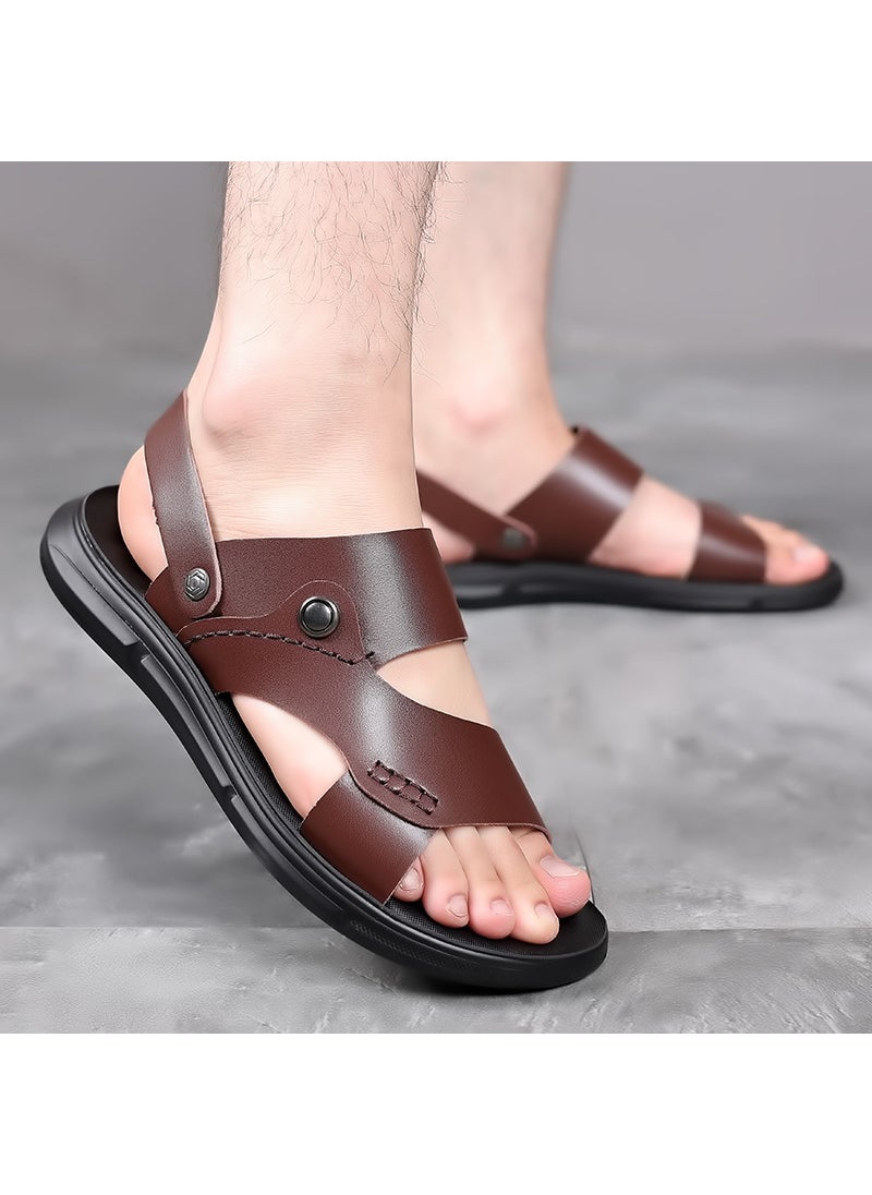 2024 Mens Summer Sandals Leather Casual Slip-ResistantBrown Brown