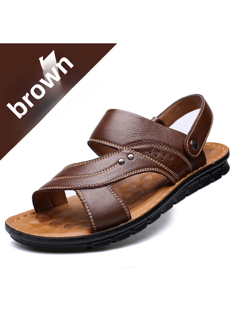 2024 Summer Mens Leather Sandals Casual Fashion Slippers12129 Brown 12129 Brown