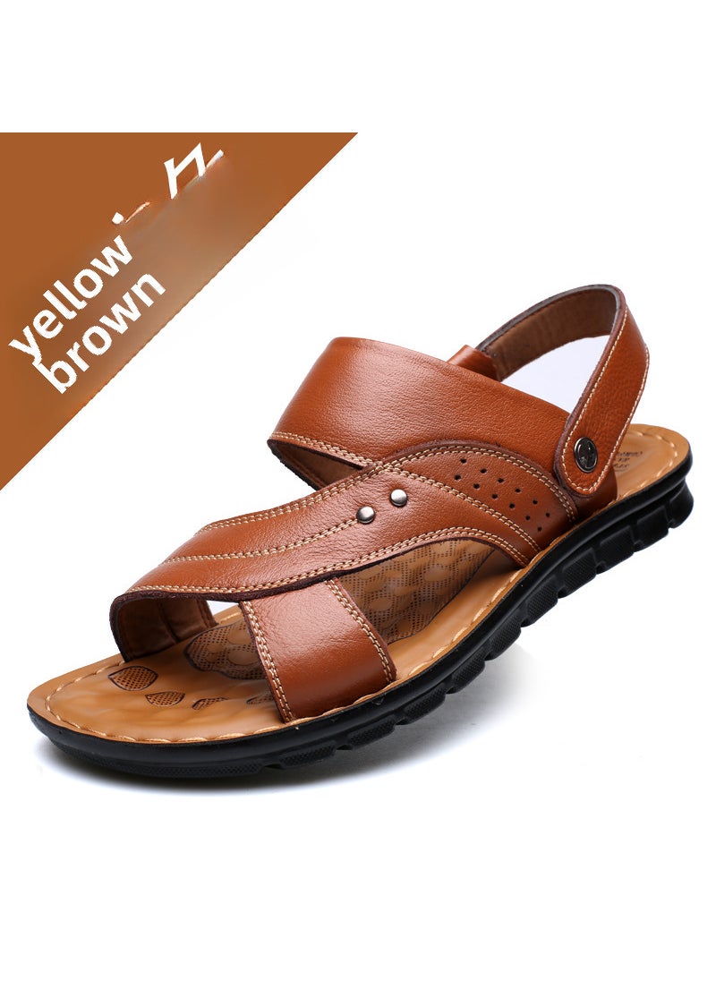 2024 Summer Mens Leather Sandals Casual Fashion Slippers12129 yellow Brown 12129 yellow Brown