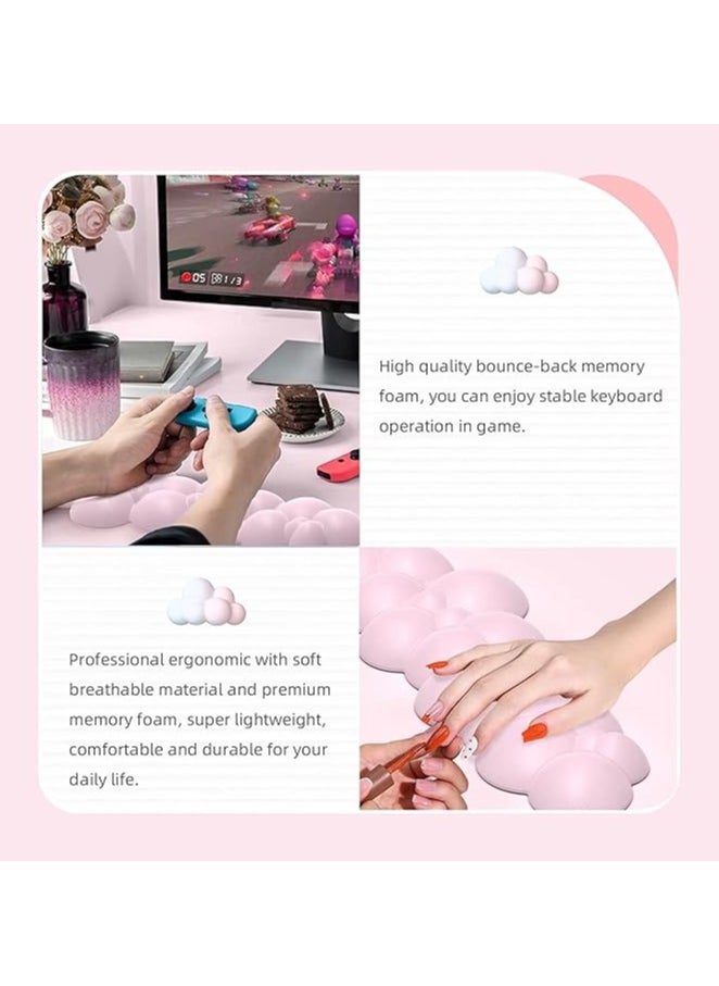 17'' Cloud Keyboard Wrist Rest, 3 Pcs Mouse Pad Wrist Support Keyboard Set with Ergonomic Memory Foam, Coaster Anti-Slip Base, Computer Palm for Home Office Laptop, Typing Pain Relief (Gradient Pink)