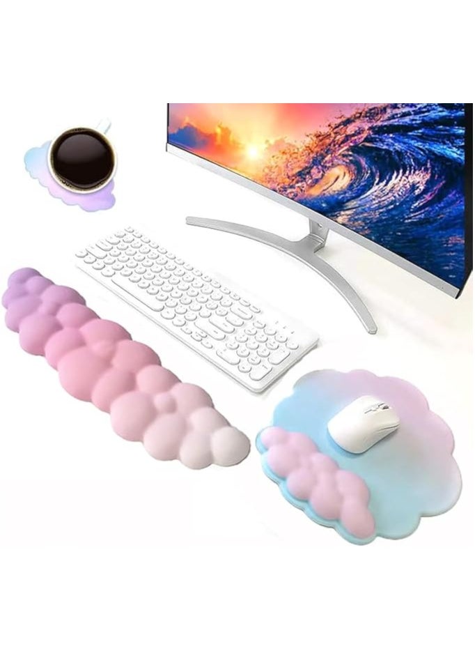 17'' Cloud Keyboard Wrist Rest, 3 Pcs Mouse Pad Wrist Support Keyboard Set with Ergonomic Memory Foam, Coaster Anti-Slip Base, Computer Palm for Home Office Laptop, Typing Pain Relief (Gradient Pink)