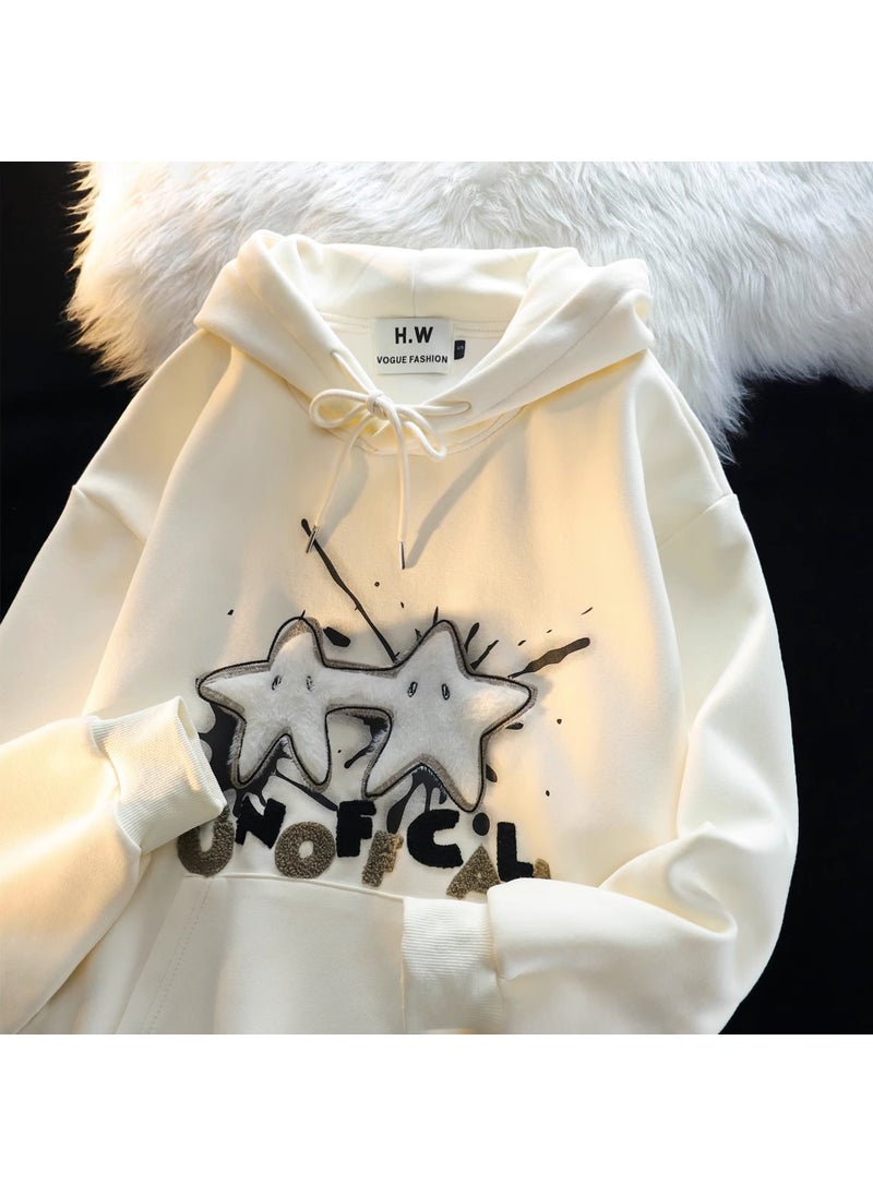 Unisex Velvet Star Hoodie Loose Streetwear Apricot