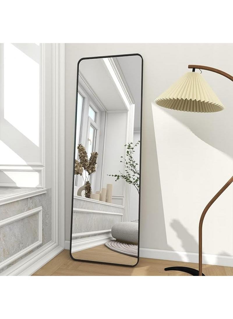 Full Length Mirror Aluminum Alloy Large Standing Vanity Mirror Bedroom Dressing Room Hanging Against Wall Mirror With Stand-Black 155*45CM