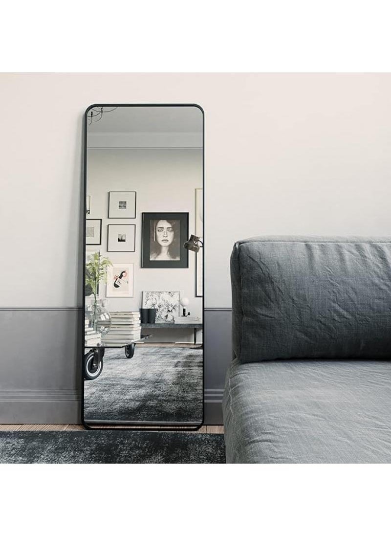 Full Length Mirror Aluminum Alloy Large Standing Vanity Mirror Bedroom Dressing Room Hanging Against Wall Mirror With Stand-Black 155*45CM
