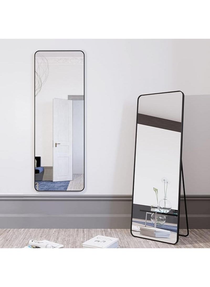 Full Length Mirror Aluminum Alloy Large Standing Vanity Mirror Bedroom Dressing Room Hanging Against Wall Mirror With Stand-Black 155*45CM