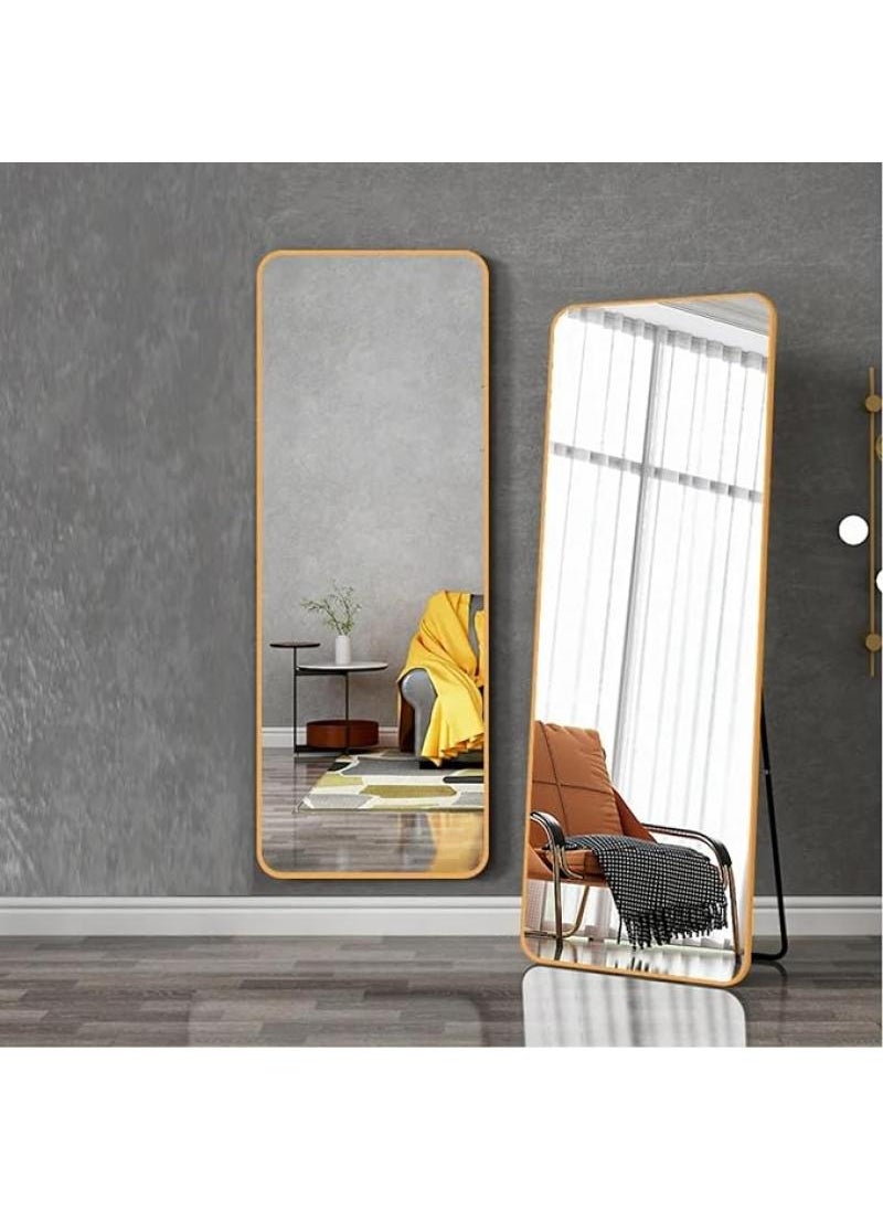 1-Pieces Full Length Mirror Aluminum Alloy Large Standing Vanity Mirror Bedroom Dressing Room Hanging Against Wall Mirror With Stand-Gold 155*45CM