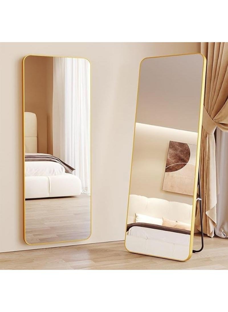 1-Pieces Full Length Mirror Aluminum Alloy Large Standing Vanity Mirror Bedroom Dressing Room Hanging Against Wall Mirror With Stand-Gold 155*45CM