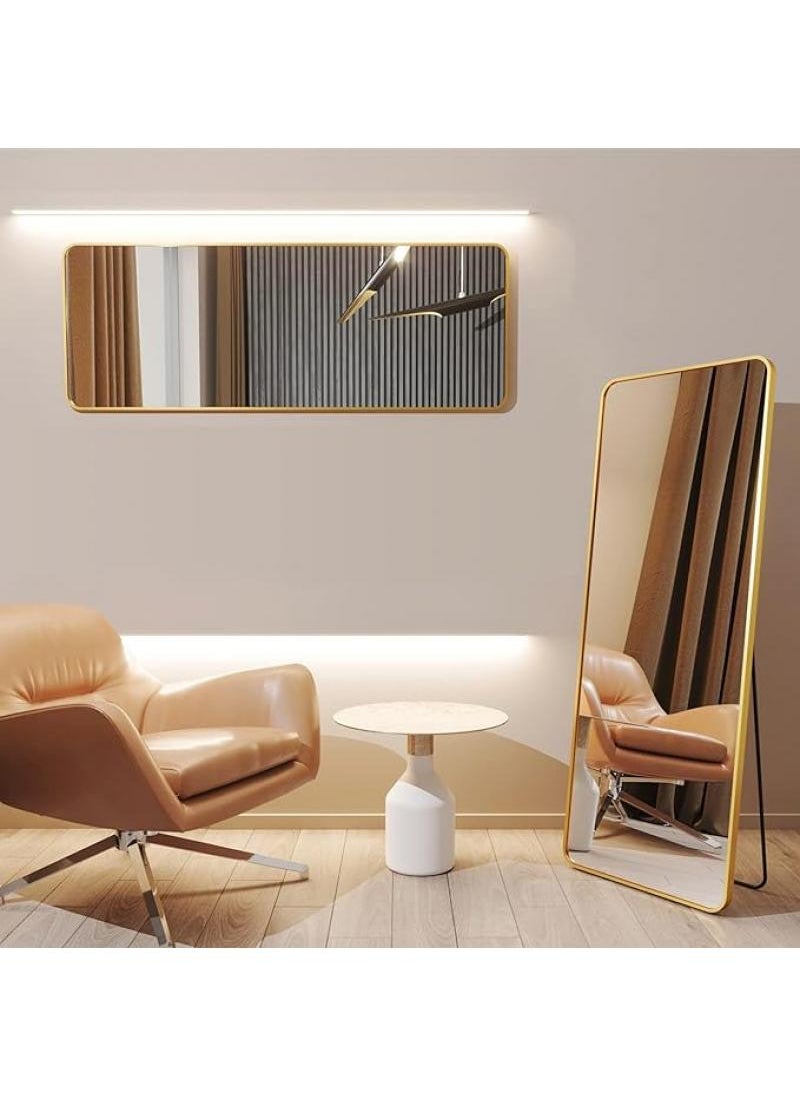 1-Pieces Full Length Mirror Aluminum Alloy Large Standing Vanity Mirror Bedroom Dressing Room Hanging Against Wall Mirror With Stand-Gold 155*45CM