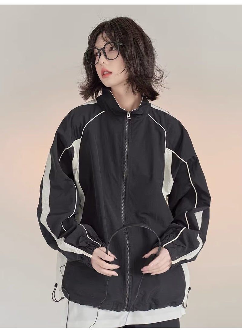 Color Block Jacket Women Spring Autumn Casual Sportswear Black