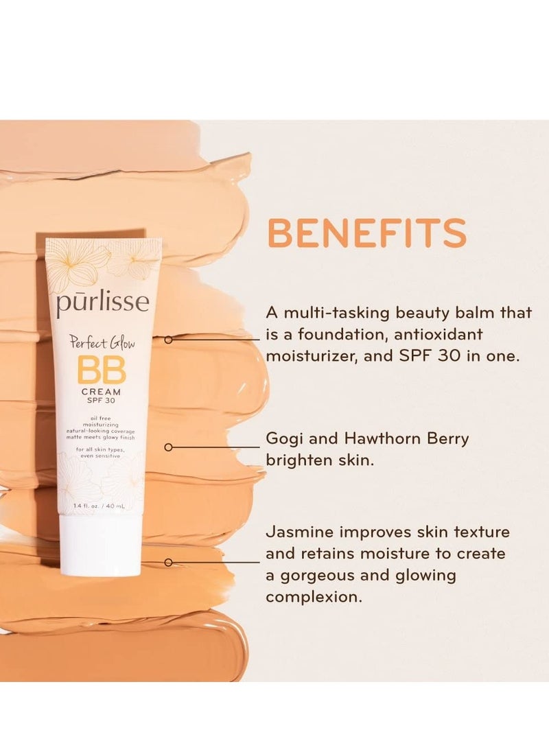 pūrlisse Perfect Glow BB Cream SPF 30: Clean & Cruelty-Free, Medium Flawless Coverage, Hydrates with Jasmine | Light Medium 1.4oz