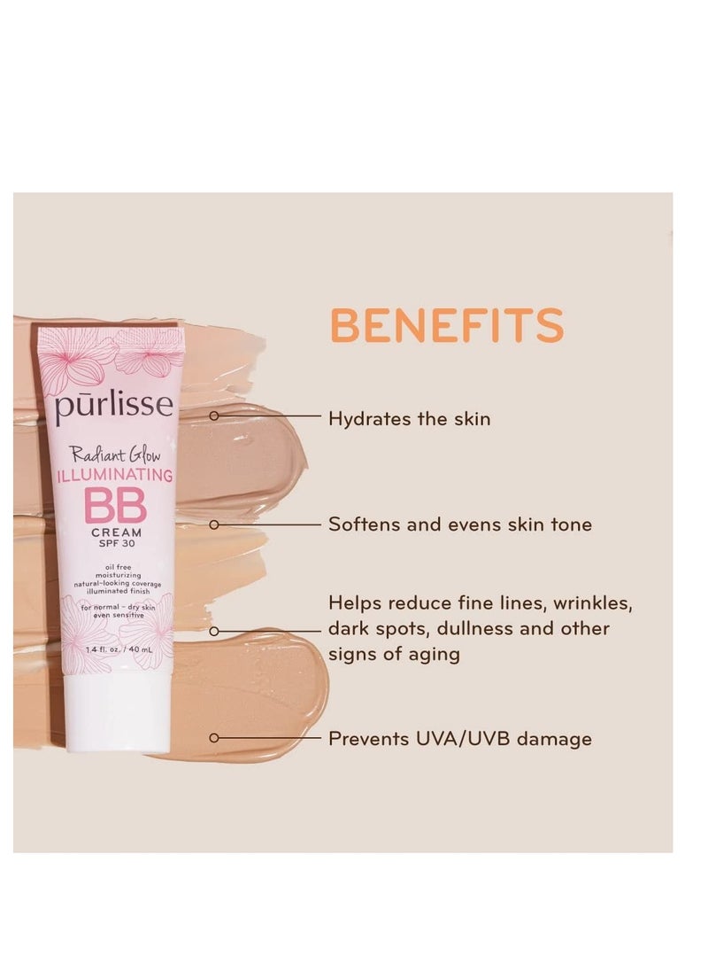 pūrlisse Radiant Glow Illuminating BB Cream Spf30 Hydrating and Moisturizing Natural Organic Cruelty-free Sulphate & Paraben Free For All Skin Even Sensitive Skin 1.4 Fl Oz (Light Medium)