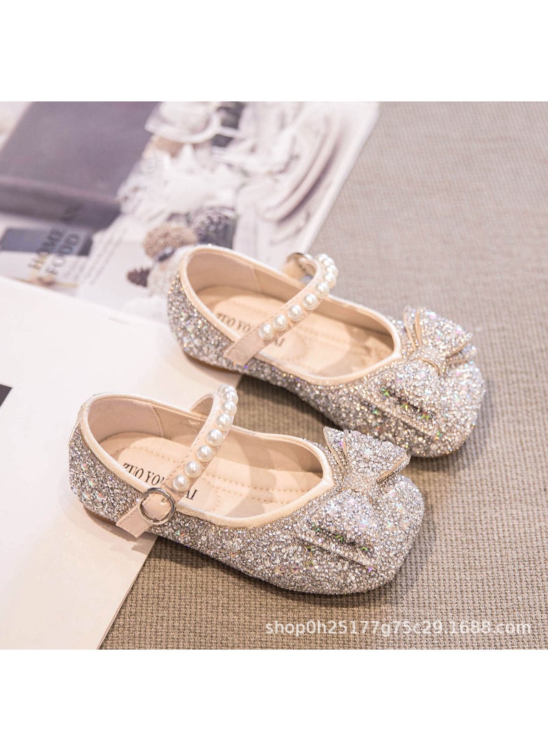 Girls Princess Shoes 2024 Spring and Autumn New Childrens Baby Shoes Soft Bottom Rhinestone Princess Leather Shoes Girls Performance ShoesSilver Silver