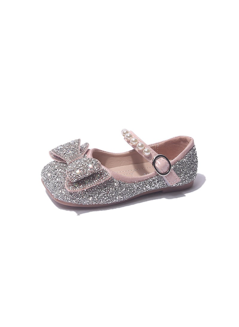 Girls Autumn Princess Shoes with Rhinestones and Butterfly BowPink Pink