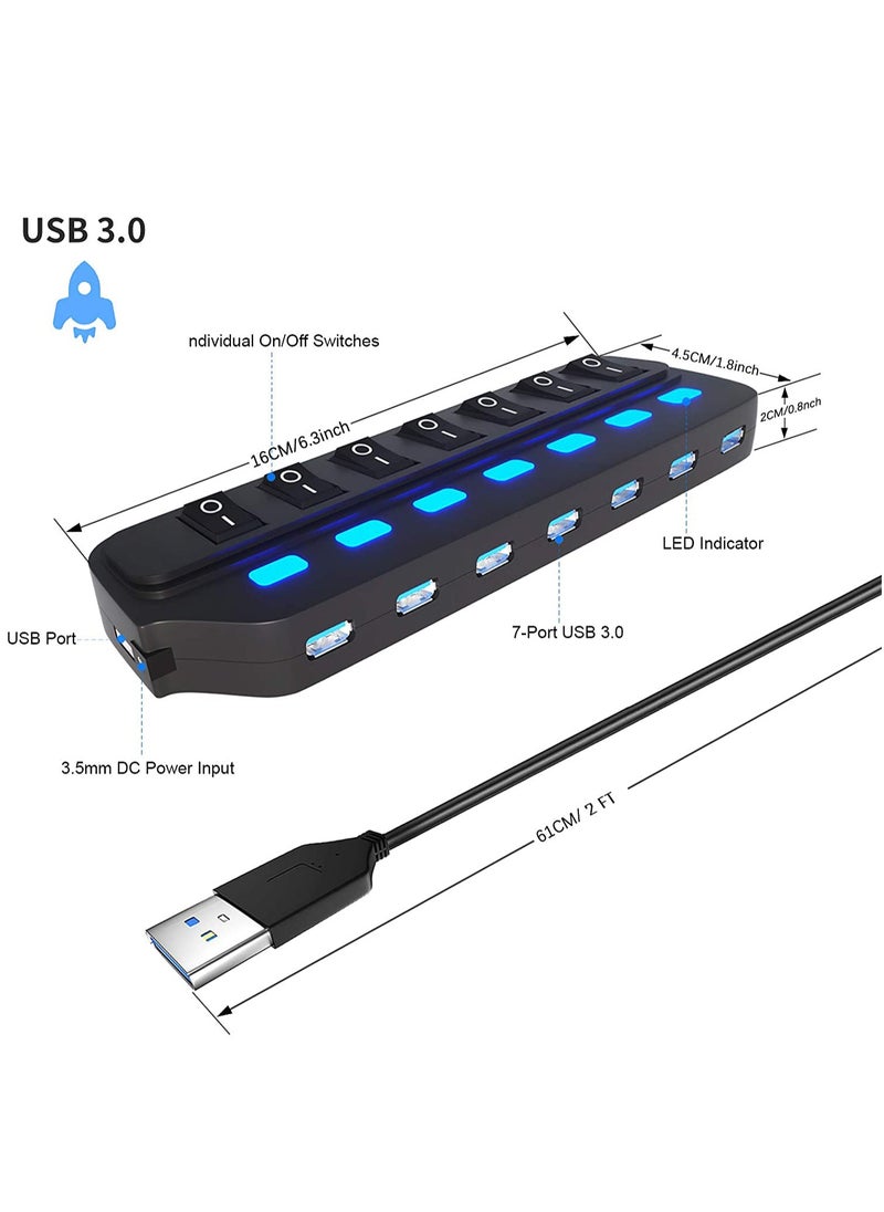 USB Hub 3.0 Splitter, 7 Port USB Data Hub with Individual OnOff Switches and Lights for Laptop, PC, Computer, Mobile HDD, Flash Drive, PD Charging for Macbook and Other Type C Laptops